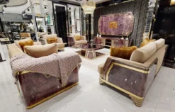 Casa Padrino Luxus Art Deco Sessel Beige / Lila / Grau / Gold - Edler Wohnzimmer Sessel mit Marmoroptik - Luxus Art Deco Wohnzimmer & Hotel Möbel