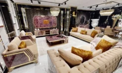 Casa Padrino Luxus Art Deco Sessel Beige / Lila / Grau / Gold - Edler Wohnzimmer Sessel mit Marmoroptik - Luxus Art Deco Wohnzimmer & Hotel Möbel