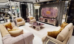 Casa Padrino Luxus Art Deco Sessel Beige / Lila / Grau / Gold - Edler Wohnzimmer Sessel mit Marmoroptik - Luxus Art Deco Wohnzimmer & Hotel Möbel