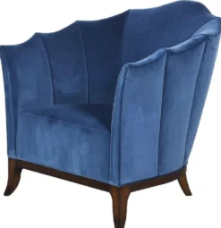 Casa Padrino Luxus Art Deco Sessel Blau / Dunkelbraun - Handgefertigter Massivholz Wohnzimmer Sessel mit edlem Samtstoff - Art Deco Wohnzimmer Möbel