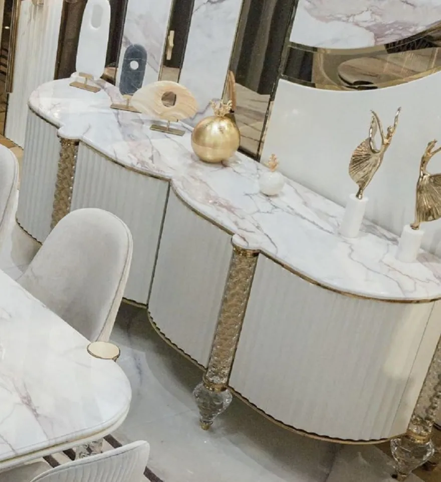 Casa Padrino Luxus Art Deco Sideboard Weiß / Grau / Gold 246 x 60 x H. 89 cm - Edler Massivholz Schrank mit 4 Türen und Kunstmarmor Platte - Luxus Art Deco Möbel - Luxus Qualität