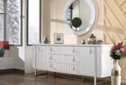 Casa Padrino Luxus Art Deco Sideboard Weiß / Silber 200 x 42 x H. 80 cm - Edler Massivholz Schrank mit 2 Türen und 3 Schubladen - Art Deco Möbel - Luxus Möbel