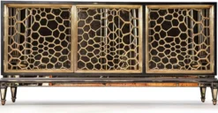 Casa Padrino Luxus Art Deco Sideboard Schwarz / Gold / Messing 204 x 52,5 x H. 96 cm - Verspiegelter Massivholz Schrank mit 3 Türen - Art Deco Möbel - Luxus Möbel