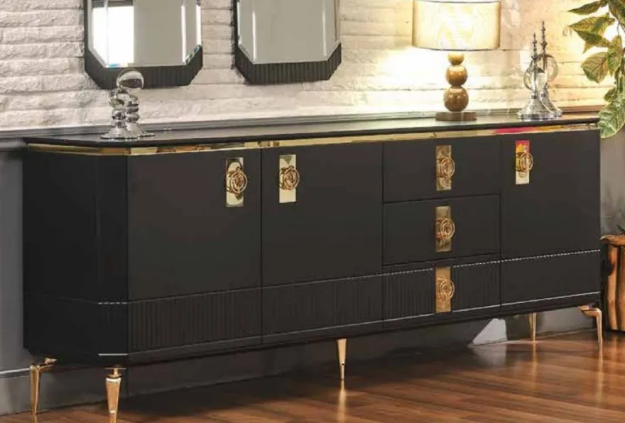 Casa Padrino Luxus Art Deco Sideboard Schwarz / Gold 200 x 41 x H. 77 cm - Edler Massivholz Schrank mit 3 Türen und 3 Schubladen - Art Deco Möbel - Luxus Möbel