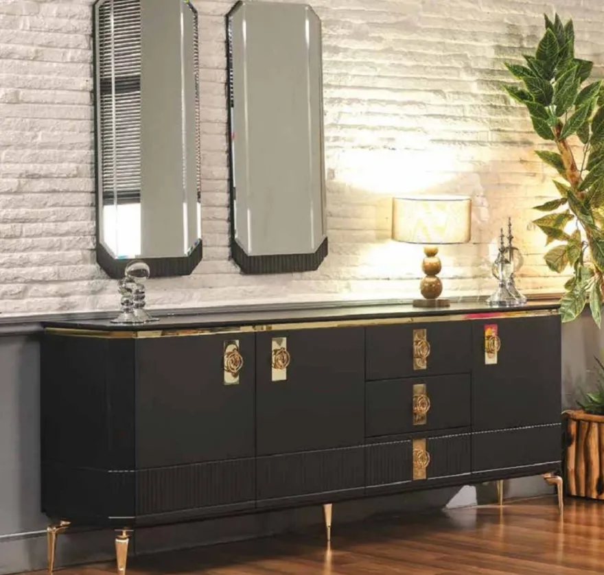 Casa Padrino Luxus Art Deco Sideboard Schwarz / Gold 200 x 41 x H. 77 cm - Edler Massivholz Schrank mit 3 Türen und 3 Schubladen - Art Deco Möbel - Luxus Möbel