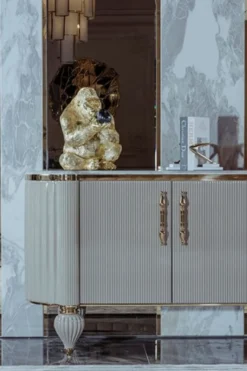 Casa Padrino Luxus Art Deco Sideboard Grau / Weiß / Gold 235 x 54 x H. 90 cm - Edler Massivholz Schrank mit 4 Türen und Kunstmarmor Platte - Art Deco Möbel - Luxus Qualität