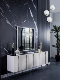 Casa Padrino Luxus Art Deco Sideboard Weiß / Schwarz / Silber 208 x 44 x H. 84 cm - Edler Schrank mit 5 Türen - Art Deco Möbel