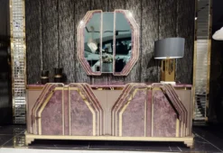 Casa Padrino Luxus Art Deco Sideboard Lila / Grau / Gold - Prunkvoller Massivholz Schrank mit 4 Türen und Marmoroptik - Luxus Art Deco Wohnzimmer & Hotel Möbel