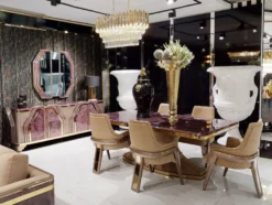 Casa Padrino Luxus Art Deco Sideboard Lila / Grau / Gold - Prunkvoller Massivholz Schrank mit 4 Türen und Marmoroptik - Luxus Art Deco Wohnzimmer & Hotel Möbel