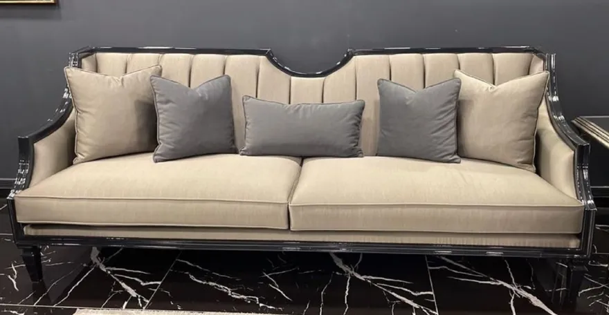 Casa Padrino Luxus Art Deco Sofa Beige / Schwarz - Handgefertigtes Massivholz Wohnzimmer Sofa - Luxus Art Deco Wohnzimmer Möbel