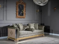 Casa Padrino Luxus Art Deco Sofa Silber / Schwarz / Beige / Gold 249 x 93 x H. 72 cm - Wohnzimmer Sofa mit dekorativen Kissen - Art Deco Wohnzimmer Möbel