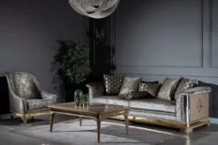 Casa Padrino Luxus Art Deco Sofa Silber / Schwarz / Beige / Gold 249 x 93 x H. 72 cm - Wohnzimmer Sofa mit dekorativen Kissen - Art Deco Wohnzimmer Möbel