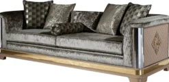 Casa Padrino Luxus Art Deco Sofa Silber / Schwarz / Beige / Gold 249 x 93 x H. 72 cm - Wohnzimmer Sofa mit dekorativen Kissen - Art Deco Wohnzimmer Möbel