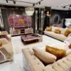 Casa Padrino Luxus Art Deco Sofa Beige / Lila / Grau / Gold - Edles Wohnzimmer Sofa mit Marmoroptik - Luxus Art Deco Wohnzimmer & Hotel Möbel