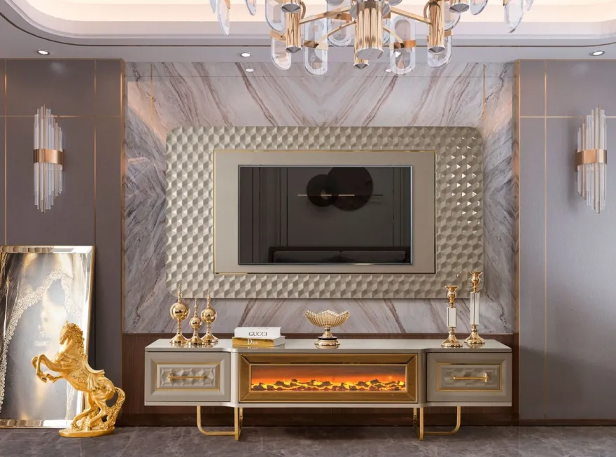 Casa Padrino Luxus Art Deco TV Schrank Set Grau / Gold - Wohnzimmer Sideboard mit LED Elektrokamin & TV Rückwand - Art Deco Möbel - Wohnzimmer Möbel - Luxus Möbel - Luxus Einrichtung