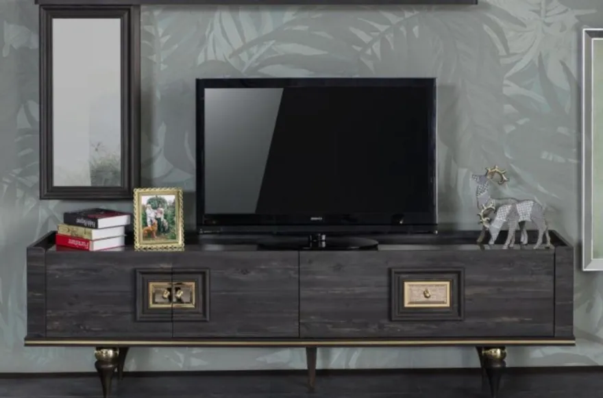 Casa Padrino Luxus Art Deco TV Schrank Grau / Schwarz / Messingfarben 226 x 44 x H. 65 cm - Edler Wohnzimmer Fernsehschrank mit Schublade und 2 Türen - Art Deco Möbel