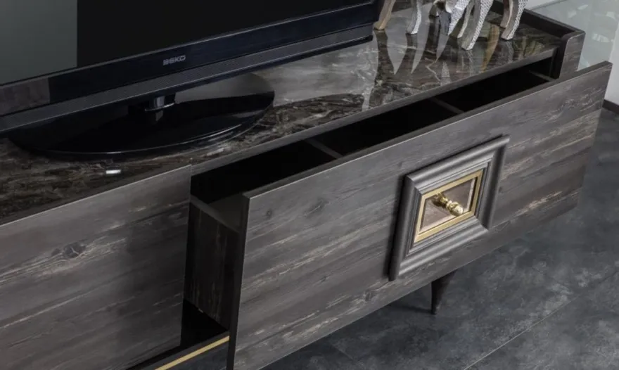Casa Padrino Luxus Art Deco TV Schrank Grau / Schwarz / Messingfarben 226 x 44 x H. 65 cm - Edler Wohnzimmer Fernsehschrank mit Schublade und 2 Türen - Art Deco Möbel