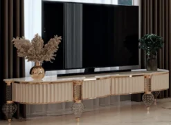 Casa Padrino Luxus Art Deco TV Schrank Weiß / Grau / Gold 180 x 60 x H. 56 cm - Massivholz Sideboard mit edler Kunstmarmor Platte - Art Deco Wohnzimmer Möbel - Luxus Wohnzimmer Möbel