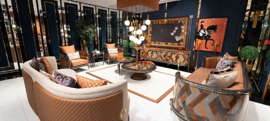 Casa Padrino Luxus Art Deco TV Schrank Set Mehrfarbig / Braun / Grau / Gold - Massivholz Wohnzimmer Sideboard mit TV Rückwand - Luxus Art Deco Wohnzimmer Möbel