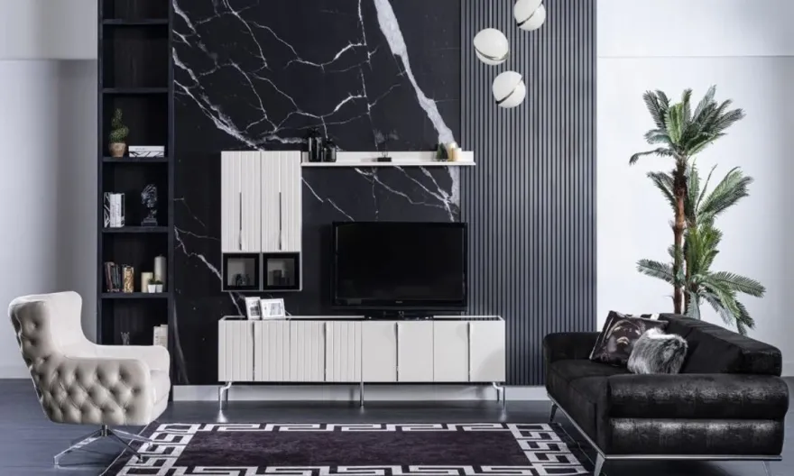 Casa Padrino Luxus Art Deco TV Schrank Weiß / Schwarz / Silber 208 x 44 x H. 64 cm - Edler Wohnzimmer Fernsehschrank mit 4 Türen - Art Deco Möbel