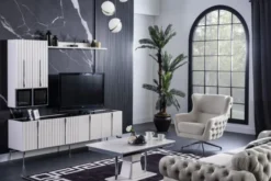 Casa Padrino Luxus Art Deco TV Schrank Weiß / Schwarz / Silber 208 x 44 x H. 64 cm - Edler Wohnzimmer Fernsehschrank mit 4 Türen - Art Deco Möbel