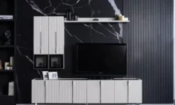 Casa Padrino Luxus Art Deco TV Schrank Weiß / Schwarz / Silber 208 x 44 x H. 64 cm - Edler Wohnzimmer Fernsehschrank mit 4 Türen - Art Deco Möbel