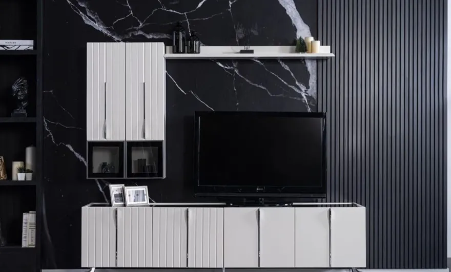 Casa Padrino Luxus Art Deco TV Schrank Weiß / Schwarz / Silber 208 x 44 x H. 64 cm - Edler Wohnzimmer Fernsehschrank mit 4 Türen - Art Deco Möbel