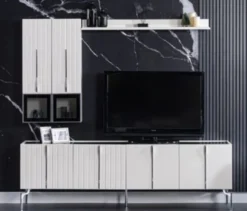 Casa Padrino Luxus Art Deco TV Schrank Weiß / Schwarz / Silber 208 x 44 x H. 64 cm - Edler Wohnzimmer Fernsehschrank mit 4 Türen - Art Deco Möbel