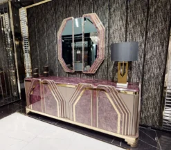 Casa Padrino Luxus Art Deco Wandspiegel Lila / Gold - Massivholz Spiegel mit Marmoroptik - Luxus Art Deco Wohnzimmer & Hotel Möbel