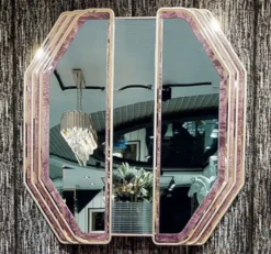 Casa Padrino Luxus Art Deco Wandspiegel Lila / Gold - Massivholz Spiegel mit Marmoroptik - Luxus Art Deco Wohnzimmer & Hotel Möbel