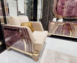 Casa Padrino Luxus Art Deco Wohnzimmer Set Beige / Lila / Grau / Gold - 2 Sofas & 2 Sessel & 1 Couchtisch - Luxus Art Deco Wohnzimmer & Hotel Möbel