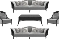Casa Padrino Luxus Art Deco Wohnzimmer Set Grau / Schwarz / Silber - 2 Sofas & 2 Sessel & 1 Couchtisch mit Marmorplatte - Edle Art Deco Wohnzimmer Möbel