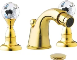 Casa Padrino Luxus Badewannen Armatur mit Swarovski Kristallglas Gold H. 5,5 cm - Dreilochbatterie mit Ablaufgarnitur - Luxus Bad Zubehör - Made in Italy