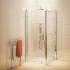 Casa Padrino Luxus Badezimmer Duschtür mit Seitenwand Silber 76 x 76 x H. 195 cm - Duschkabinen Glas Tür - Badezimmer Accessoires - Luxus Duschtüren - Luxus Qualität