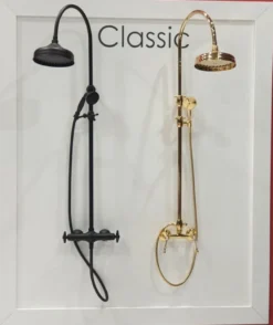 Casa Padrino Luxus Badezimmer Duschgarnitur mit Swarovski Kristallglas Gold H. 111-138,5 cm - Brauseset mit Überkopfbrause und Handbrause - Badezimmer Accessoires - Luxus Qualität - Made in Italy