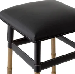 Casa Padrino Luxus Barhocker Schwarz / Vintage Messing 34,5 x 33 x H. 80,5 cm - Gepolsterter Barstuhl mit Echtleder - Bar Möbel - Leder Möbel - Luxus Möbel - Luxus Qualität