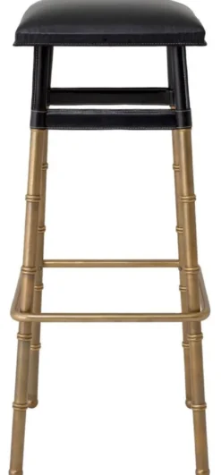 Casa Padrino Luxus Barhocker Schwarz / Vintage Messing 34,5 x 33 x H. 80,5 cm - Gepolsterter Barstuhl mit Echtleder - Bar Möbel - Leder Möbel - Luxus Möbel - Luxus Qualität