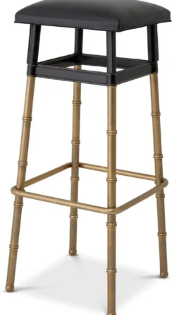 Casa Padrino Luxus Barhocker Schwarz / Vintage Messing 34,5 x 33 x H. 80,5 cm - Gepolsterter Barstuhl mit Echtleder - Bar Möbel - Leder Möbel - Luxus Möbel - Luxus Qualität