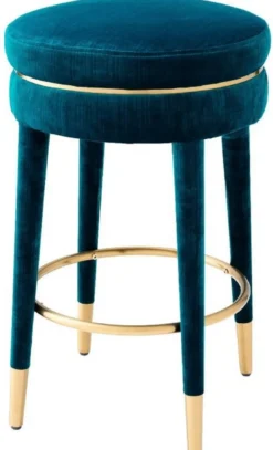 Casa Padrino Luxus Barhocker Blau / Messing Ø 41 x H. 68 cm - Runder Samt Hocker - Luxus Möbel