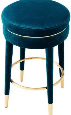 Casa Padrino Luxus Barhocker Blau / Messing Ø 41 x H. 68 cm - Runder Samt Hocker - Luxus Möbel