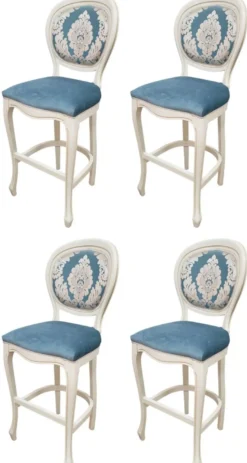 Casa Padrino Luxus Barock Barstuhl 4er Set Blau / Weiß H. 120 cm - Barock Bar Möbel