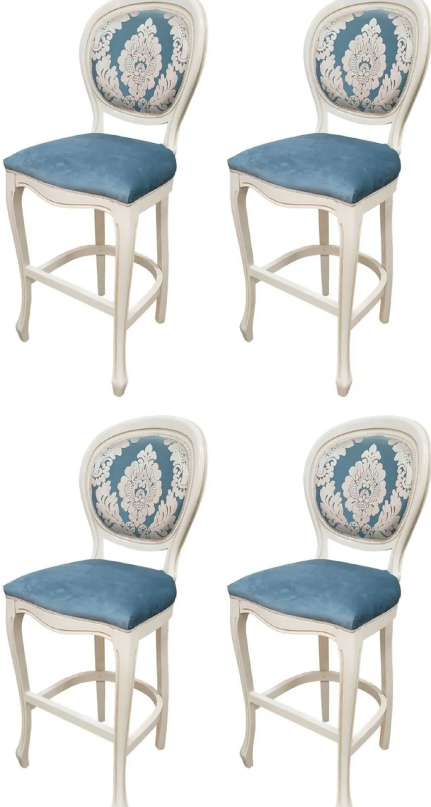 Casa Padrino Luxus Barock Barstuhl 4er Set Blau / Weiß H. 120 cm - Barock Bar Möbel
