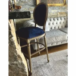 Casa Padrino Luxus Barock Barstuhl Dunkelblau / Braun / Naturfarben H. 127 cm - Barock Bar Möbel