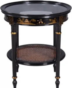 Casa Padrino Luxus Barock Beistelltisch Schwarz / Gold Ø 48 x H. 53 cm - Runder Mahagoni Beistelltisch mit Glasplatte und chinesischen Verzierungen