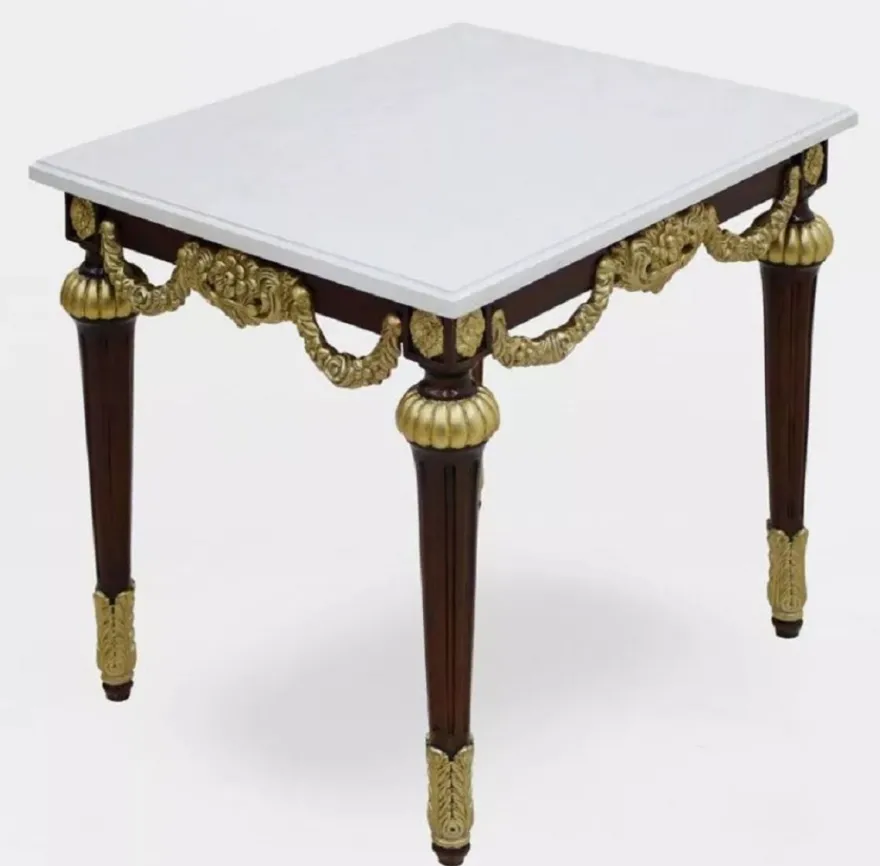 Casa Padrino Luxus Barock Beistelltisch mit Marmorplatte Weiß / Dunkelbraun / Gold - Rechteckger Massivholz Tisch im Barockstil - Barock Möbel - Edel & Prunkvoll