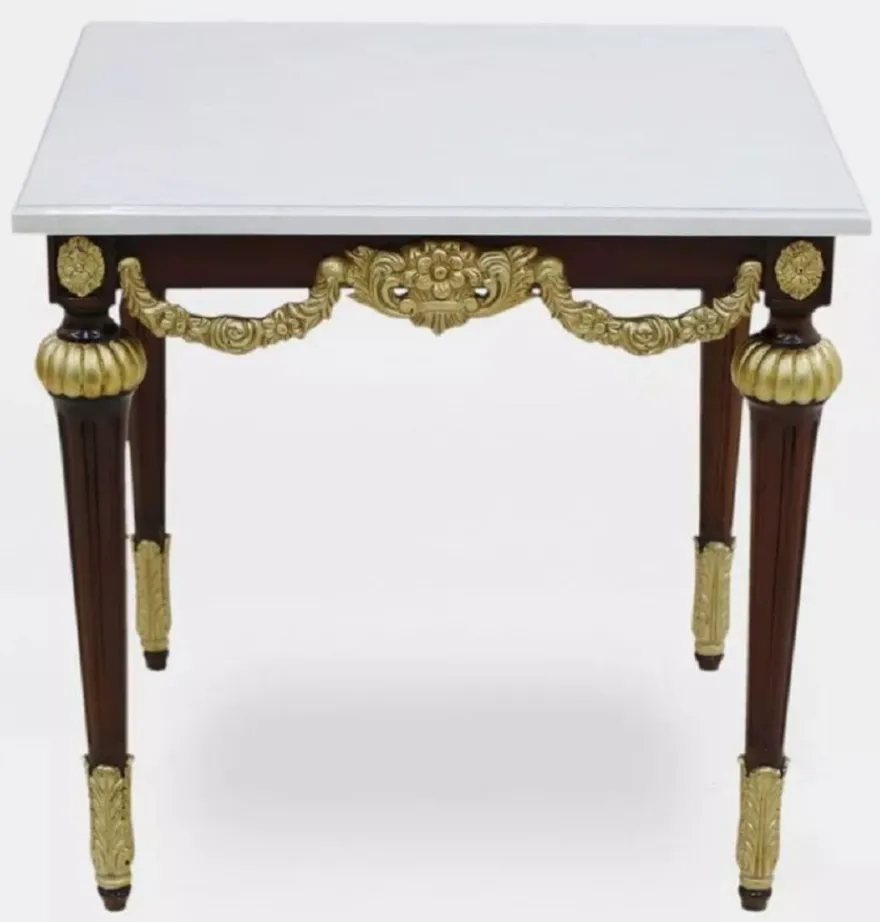 Casa Padrino Luxus Barock Beistelltisch mit Marmorplatte Weiß / Dunkelbraun / Gold - Rechteckger Massivholz Tisch im Barockstil - Barock Möbel - Edel & Prunkvoll