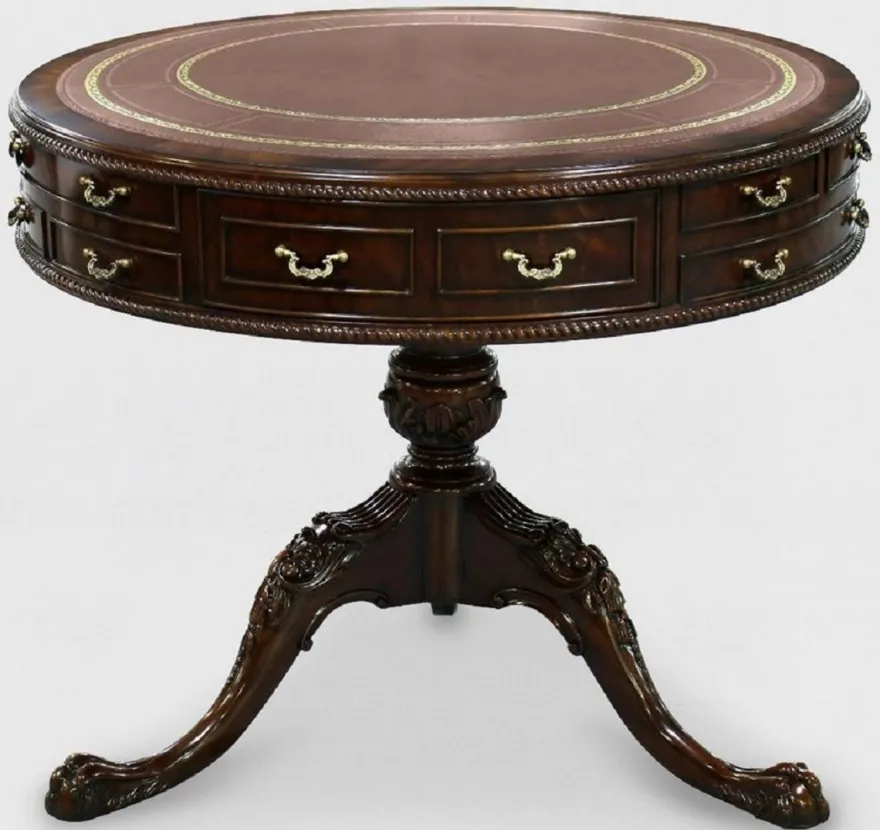 Casa Padrino Luxus Barock Beistelltisch Braun / Gold Ø 91 x H. 76 cm - Runder Mahagoni Tisch mit 14 Schubladen und Echtleder - Barock Mahagoni Möbel