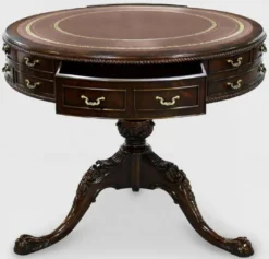 Casa Padrino Luxus Barock Beistelltisch Braun / Gold Ø 91 x H. 76 cm - Runder Mahagoni Tisch mit 14 Schubladen und Echtleder - Barock Mahagoni Möbel