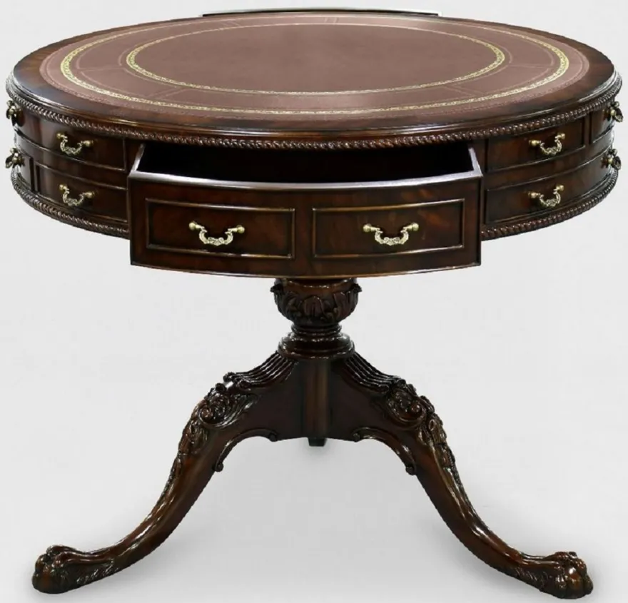 Casa Padrino Luxus Barock Beistelltisch Braun / Gold Ø 91 x H. 76 cm - Runder Mahagoni Tisch mit 14 Schubladen und Echtleder - Barock Mahagoni Möbel