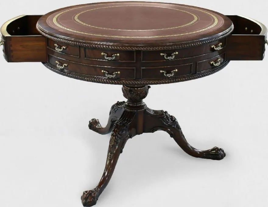 Casa Padrino Luxus Barock Beistelltisch Braun / Gold Ø 91 x H. 76 cm - Runder Mahagoni Tisch mit 14 Schubladen und Echtleder - Barock Mahagoni Möbel